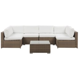 Gartenmöbel Set Braun Polyrattan Aluminium 6-Sitzer Auflagen Weiß Polyester Terrasse Outdoor Minimalistisch Modern