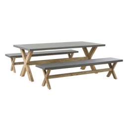 Gartentisch 200x100 cm und 2 Bänke Beton Faserzement Akazienholz Landhausstil Gartenzubehör Gartenmöbel Terrassenmöbel