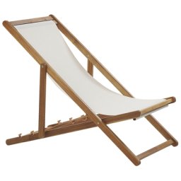Liegestuhl aus hellem Akazienholz mit beigem Bezug zusammenklappbar Balkon Terrasse