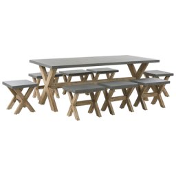 Gartenset Tisch 200x100 cm und 8 Hocker Beton Akazienholz-Gestell rustiklaler Look Gartenausstattung Gartenmöbel Garten und Terrasse