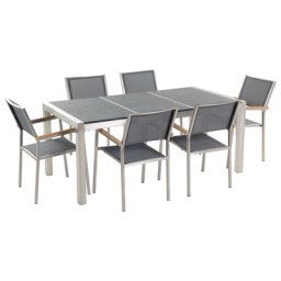 Gartenmöbel Set Schwarz Grau Granit Edelstahl Tisch 180 cm Geflammt 6 Stühle Terrasse Outdoor Modern