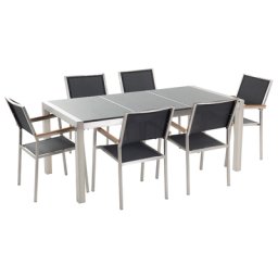 Gartenmöbel Set Grau Schwarz Granit Edelstahl Tisch 180 cm mit 3 Platten Poliert 6 Stühle Terrasse Outdoor Modern