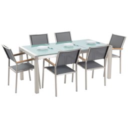 Gartenmöbel Set Grau/Sillber Sicherheitsglas Edelstahl Tisch 180 cm 6 Stühle Terrasse Outdoor Modern