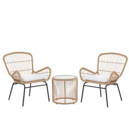 Balkonset Hellbraun Rattan Stahl Sicherheitsglas 2 Stühle Beistellstisch mit Auflagen Balkon Terrasse Garten