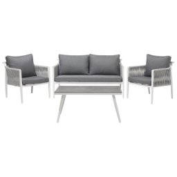 Gartenset Weiß Grau Textil Aluminium 4-Sitzer Seil Look Scandi Stil Minimalistisch Terrasse Outdoor