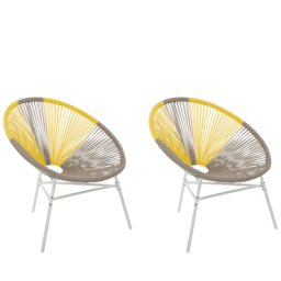 Gartenstuhl 2er Set Beige Gelb Polyrattan Spaghetti-Optik Modern Mexikanischer Stil Outdoor Balkon Terrasse Garten Möbel