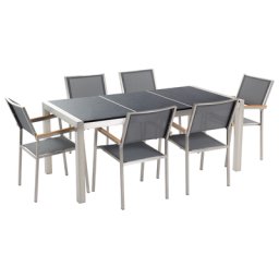 Gartenmöbel Set Schwarz Grau Granit Edelstahl Tisch 180 cm Poliert 6 Stühle Terrasse Outdoor Modern
