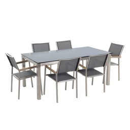 Gartenmöbel Set Schwarz Grau Sicherheitsglas Edelstahl Tisch 180 cm 6 Stühle Terrasse Outdoor Modern