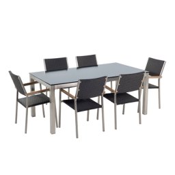 Gartenmöbel Set Schwarz Sicherheitsglas Edelstahl Tisch 180 cm 6 Rattanstühle Terrasse Outdoor Modern