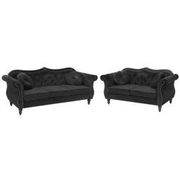 Sofa Set Schwarz Samtstoff Sitzgruppe Chesterfield Stil Retro Zierkissen Wohnzimmer