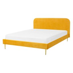 Bett Gelb Samtstoff mit Lattenrost 140 x 200 cm Metallfüße Gold hohes Kopfteil Retro Glamourös Polsterbett Doppelbett Schlafzimmer