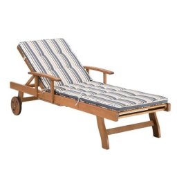 Gartenliege hellbraun Akazienholz mit Auflage dunkelblau/beige rollbar verstellbar Landhaus Stil