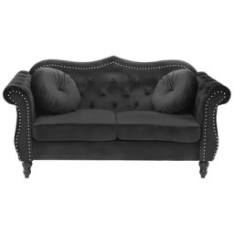 Sofa Schwarz Samtstoff 2-Sitzer Chesterfield Stil Retro Zierkissen Wohnzimmer