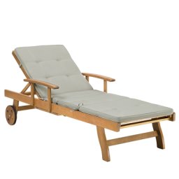 Gartenliege hellbraun Akazienholz mit Auflage graubeige rollbar verstellbar Landhaus Stil