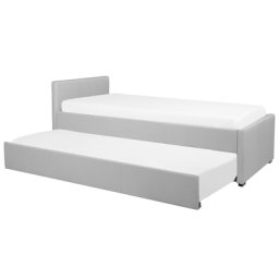 Tagesbett Ausziehbett Hellgrau 90 x 200 cm Ausziehbar Polsterbezug Leinenoptik Mit Lattenrost Praktisch Modern