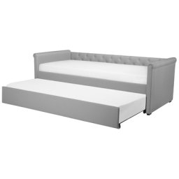 Tagesbett Ausziehbett Hellgrau 90 x 200 cm Ausziehbar Polsterbezug Leinenoptik Mit Lattenrost Knopfverzierung Praktisch Modern