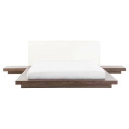 Bett Braun Lattenrost 160 x 200 cm Holzfurnierte MDF Platte Kunstleder Mit Nachttische Elegant Japanischen Stil