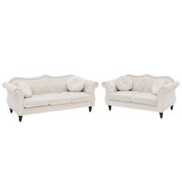 Sofa Set Beige Samtstoff Sitzgruppe Chesterfield Stil Retro Zierkissen Wohnzimmer