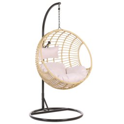 Hängesessel Beige Rattan mit schwarzem Stahl-Gestell inkl. Kissen Outdoor Indoor Boho Stil
