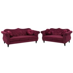 Sofa Set Dunkelrot Samtstoff Sitzgruppe Chesterfield Stil Retro Zierkissen Wohnzimmer