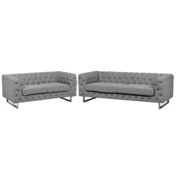 Sofa Set Hellgrau Polsterbezug Sitzgruppe Chesterfield Stil Glamourös Wohnzimmer