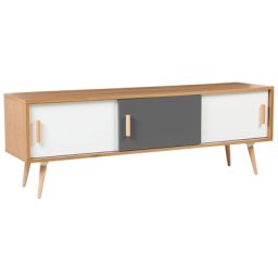 TV Lowboard Heller Weiß / Grau / Holzfarbton MDF Platte Buchenholz 55 x 160 x 40 cm Modern Trendy Elegant 3 Schränke Wohnzimmer