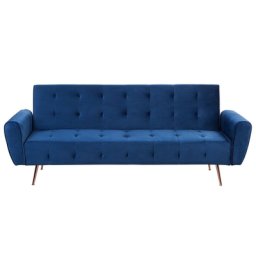Sofa Dunkelblau Samtstoff 3-Sitzer Schlaffunktion Retro Wohnzimmer