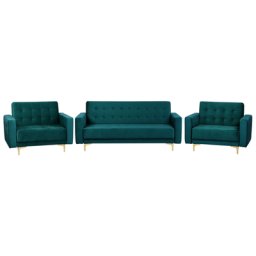 Sofa Set Grün Samtstoff Sitzgruppe Schlaffunktion Klassisch Wohnzimmer
