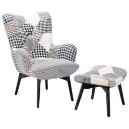 Ohrensessel Weiß Schwarz Hocker Polsterbezug Gummibaumholz Wohnzimmer Skandinavischer Stil