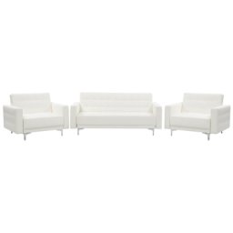 Sofa Set Weiß Kunstleder Sitzgruppe Schlaffunktion Klassisch Wohnzimmer