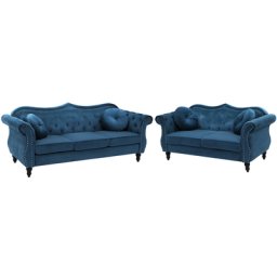 Sofa Set Dunkelblau Samtstoff Sitzgruppe Chesterfield Stil Retro Zierkissen Wohnzimmer