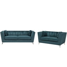 Sofa Set Blau Samtstoff Sitzgruppe Glamourös Edel Zierkissen Wohnzimmer