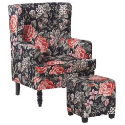Sessel Schwarz Polsterbezug mit Hocker Blumenmuster Wohnzimmerausstattung Salon Schlafzimmer Essbereich