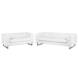 Sofa Set Weiß Kunstleder Sitzgruppe Chesterfield Stil Glamourös Wohnzimmer