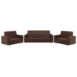 Sofa Set Braun Polsterbezug Lederoptik Sitzgruppe Schlaffunktion Klassisch Wohnzimmer