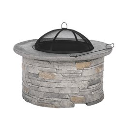 Feuerstelle Hellgrau Leichtbeton mit BBQ-Zubehör Grillrost Funkenschutz Schürhaken Steinoptik Rustikal Modern Outdoor Garten Gartenzubehör