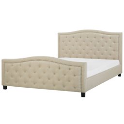 Polsterbett Leinenoptik Beige Lattenrost 180 x 200 cm Geschwungene Form Gepolsterte Kopfteil Ziernähten Retro