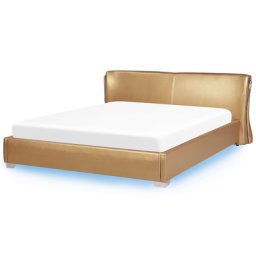 Lederbett Gold 180 x 200 cm LED Beleuchtung Mit Lattenrost Luxuriöse Verzierungen Hoher Kopfteil Geschwungene Kopfteil Modern