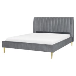 Polsterbett Grau 160 x 200 cm Samtstoff Mit Lattenrost Hoher Kopfteil Dekorativ Elegant Modern