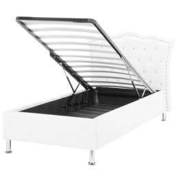 Bett Kunstleder Weiß mit Silber 90 x 200 cm Mit Bettkasten Hochklappbar Geschwungene Kopfteil Klassisch