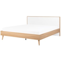 Bett Hellbraun und Weiß MDF-Platten Holzoptik mit Lattenrost 180 x 200 cm Kopfteil Holzbeine Skandi Klassisch Schlafzimmer Doppelbett