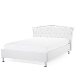 Bett Kunstleder Weiß 140 x 200 cm Mit Bettkasten Hochklappbar Exklusive Ausstrahlung Geschwungene Kopfteil Knopfverzierung Elegant Romantisch