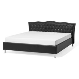 Bett Kunstleder Schwarz 140 x 200 cm Mit Bettkasten Hochklappbar Exklusiv Geschwungenes Kopfteil Knopfverzierung Elegant Romantisch