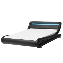 Wasserbett Leder Schwarz 160 x 200 cm mit LED Beleuchtung Geschwungene Form Hohe Kopfteil Wärmedämmung für Dual System Modern