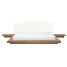 Bett Weiß / Hellbraun Kunstleder und MDF-Platten Holzoptik mit Lattenrost 180x200 cm 2 Nachttische Japanischer Stil Schlafzimmer Doppelbett
