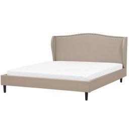 Polsterbett Beige 140 x 200 cm Leinenoptik Mit Lattenrost Geschwungene Klappen Metallverzierung Klassisch