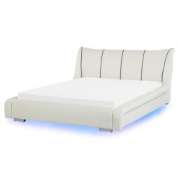 Lederbett Weiß 160 x 200 cm Mit LED Beleuchtung Lattenrost Geschwungene Form Gepolstertes Kopfteil in Leinenoptik Ziernähten Modern