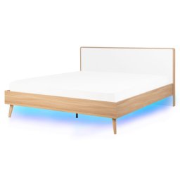 Bett Braun 160 x 200 cm Holzoptik LED Beleuchtung Mit Lattenrost Weiße Kopfteil Klassisch