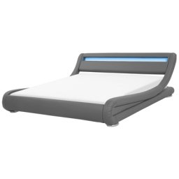 Bett Kunstleder Grau 180 x 200 cm Mit LED Beleuchtung Geschwungene Formgebung Luxuriöse Ausstrahlung Modern