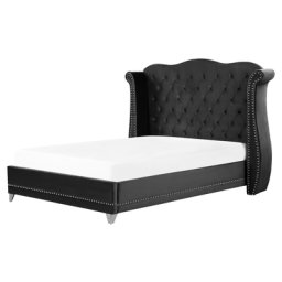 Bett Schwarz Samtstoff 160 x 200 cm hohes Kopfteil mit Knopfheftung Nieten Chesterfield Stil Glamour Doppelbett Königsbett Ehebett Schlafzimmer